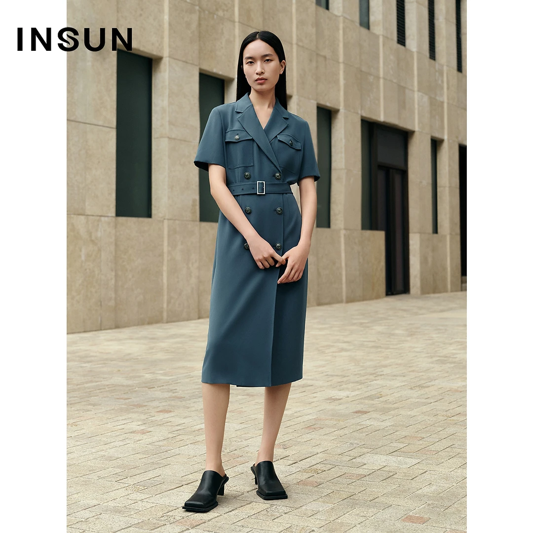 INSUN恩裳夏季气质双排扣三醋酸西装连衣裙