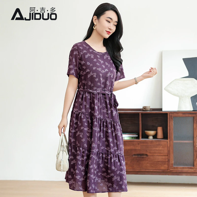阿吉多-A21396紫色烧花短袖连衣裙女高级轻奢阔太太收腰裙子