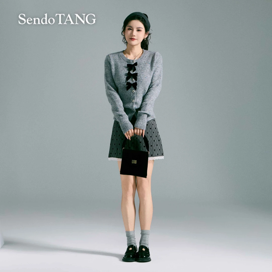 南油高货【雪松灵】胖多女装时尚蝴蝶结灰色针织开衫