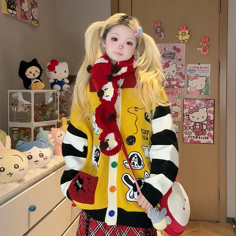 凛可爱 新款卡通复古可爱刺绣小猫刺绣polo领加厚毛衣开衫外套