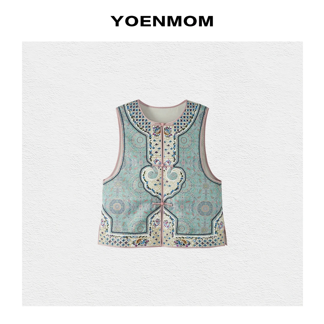 YOENMOM·八达晕·春夏新品 高级感国风织锦缎重工如意头圆领马甲