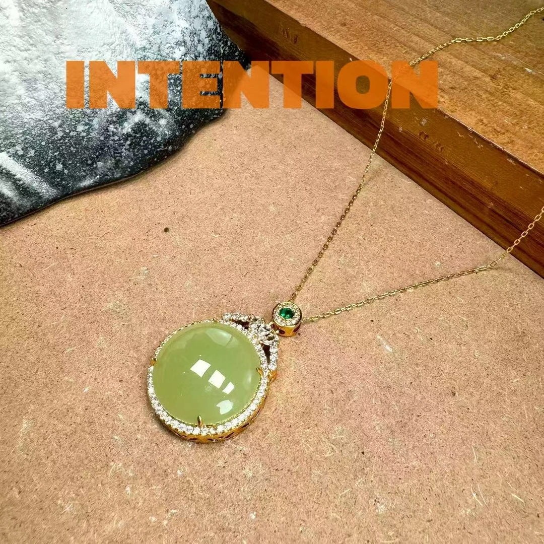 吊坠 正品INTENTION 新中式湖水绿色圆牌吊坠带链子AE564