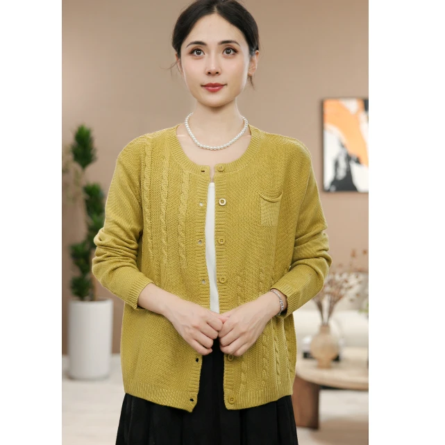 【涧蓝正品】秋季新款圆领羊毛开衫女长袖宽松螺纹外套显瘦上衣