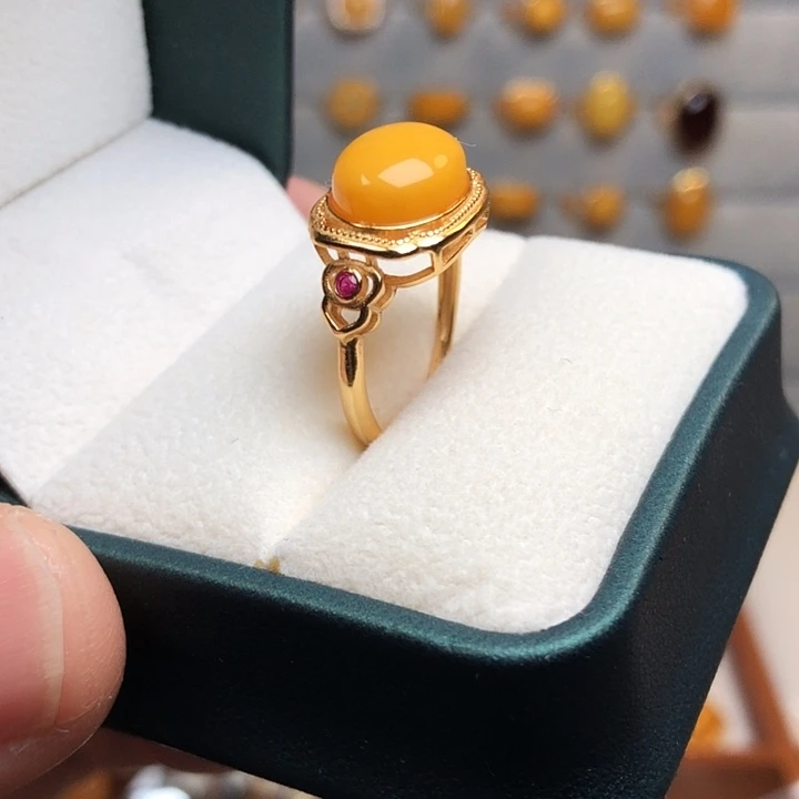 蜜蜡银S925镀金镶嵌戒指