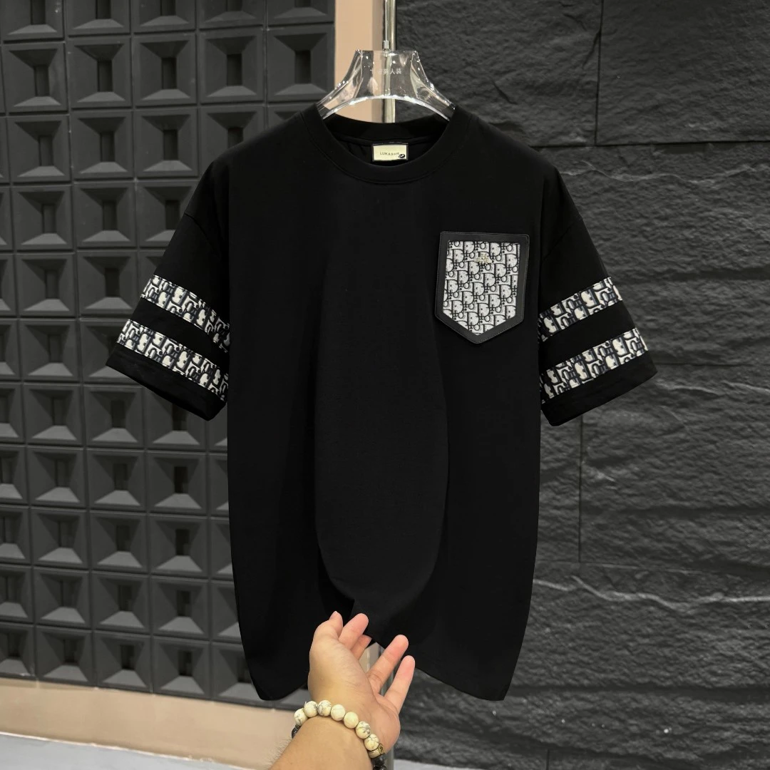 CB-P76-夏季时尚圆领拼接小标刺绣百搭时尚短袖