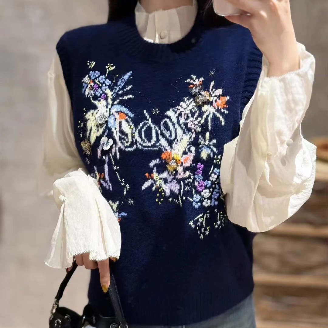 秋冬新款欧货时尚百搭宽松圆领刺绣针织马甲背心女3806
