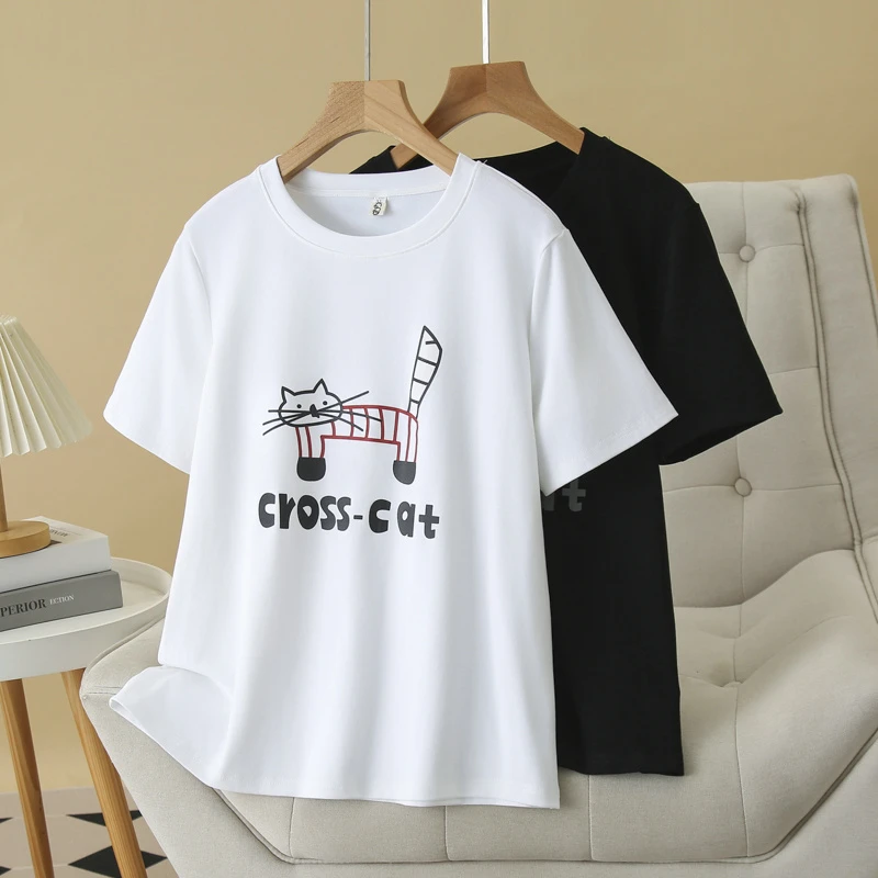 大码女装胖mm显瘦遮肚短袖T恤女美式宽松休闲减龄棉质上衣013