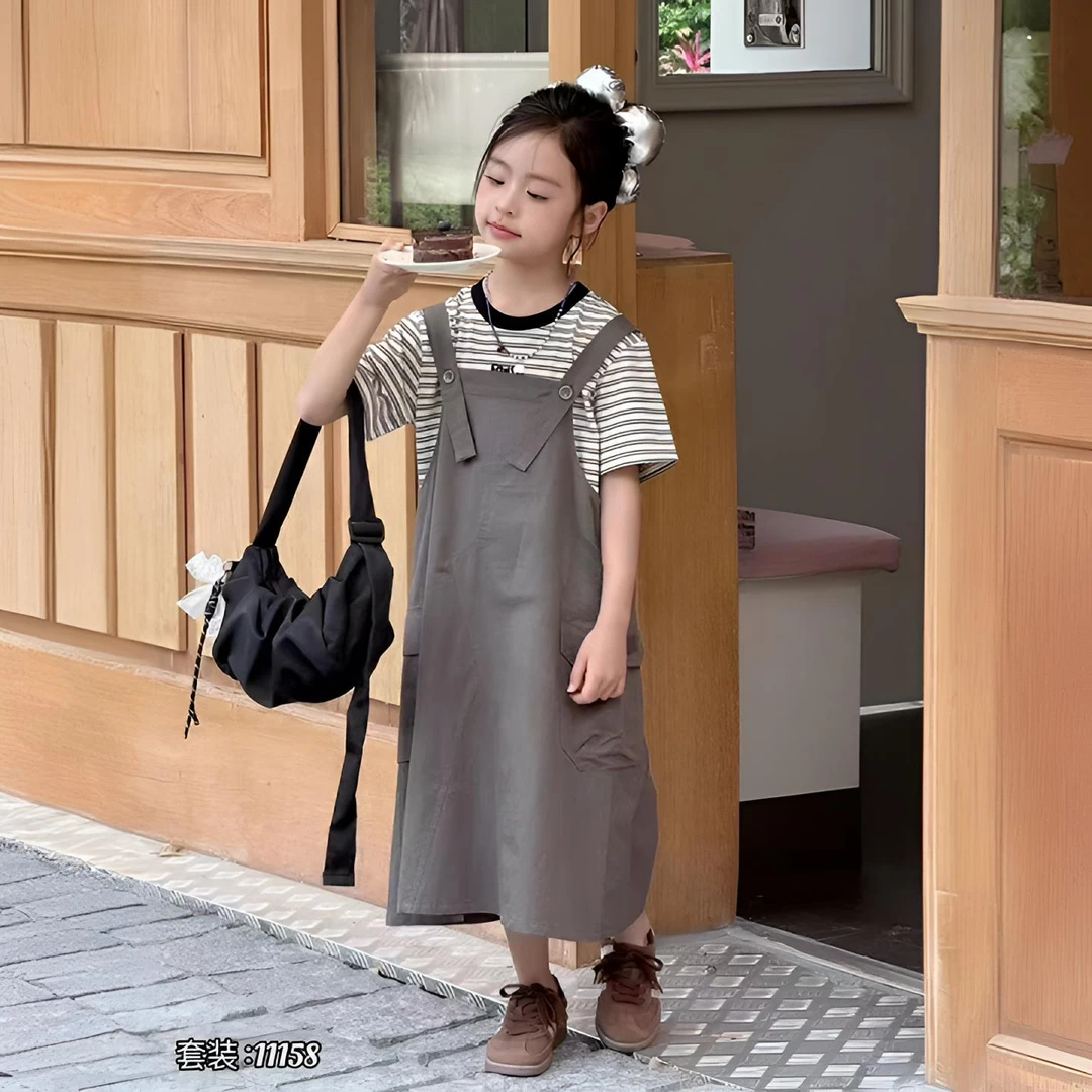 女童条纹T恤工装背带连衣裙两件套