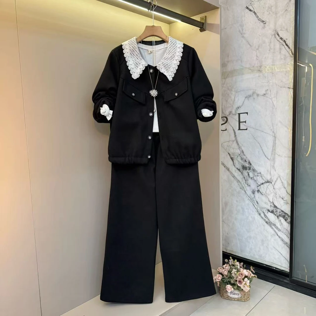 2025秋冬简约显瘦夹棉气质时尚洋气胖mm通勤外套+裤子套装566