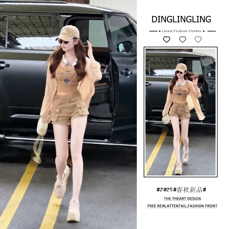 2025年春夏新款韩穿搭套装女字母印花吊带防晒开衫牛仔短裤三件套