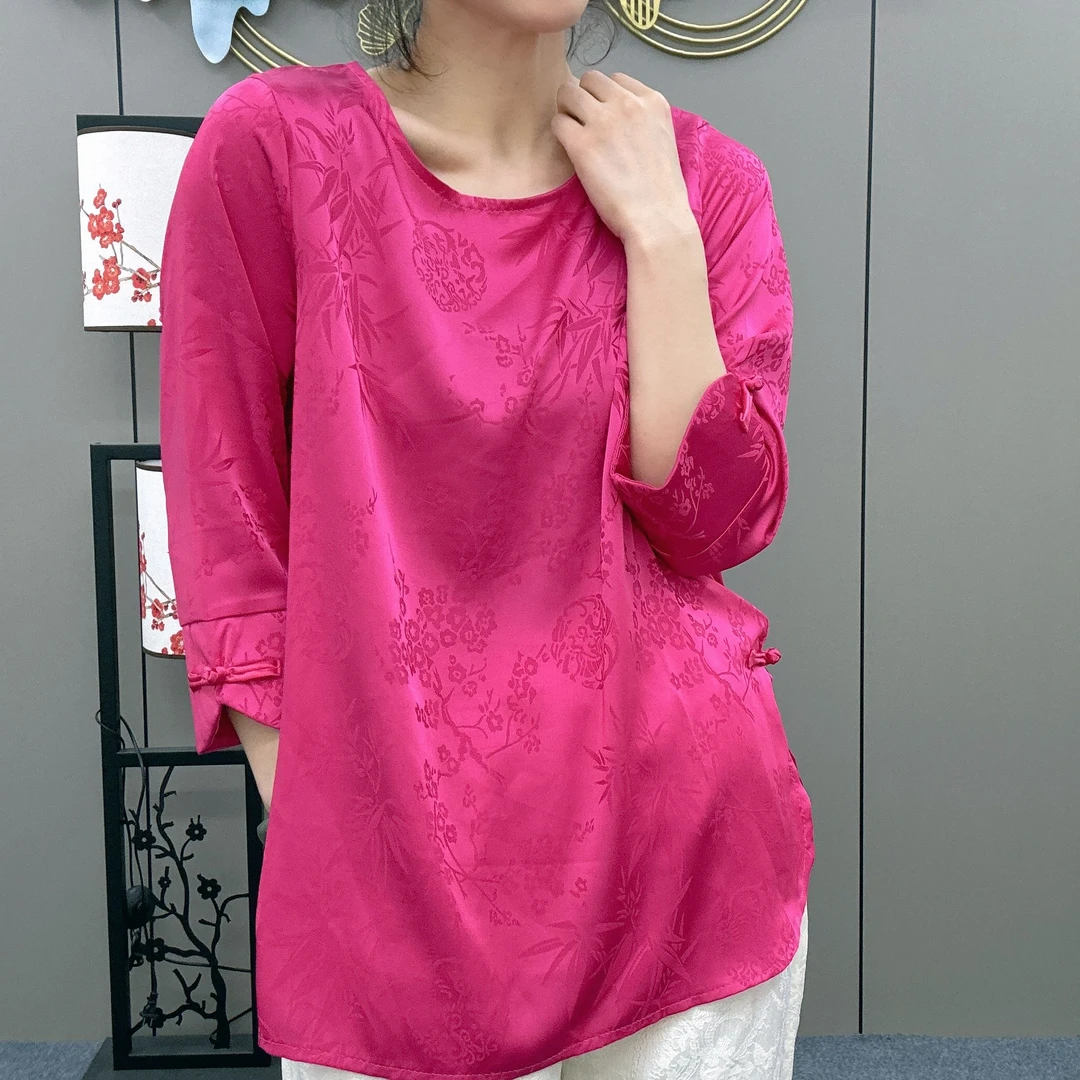 三姐家2025春款新中式提花圆领盘扣小衫