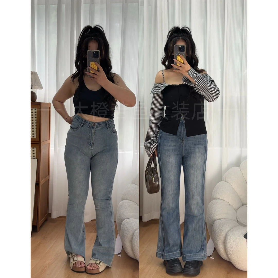 小个子大码喇叭牛仔裤女2025新款胖mm显瘦高腰百搭弹力微喇裤长裤