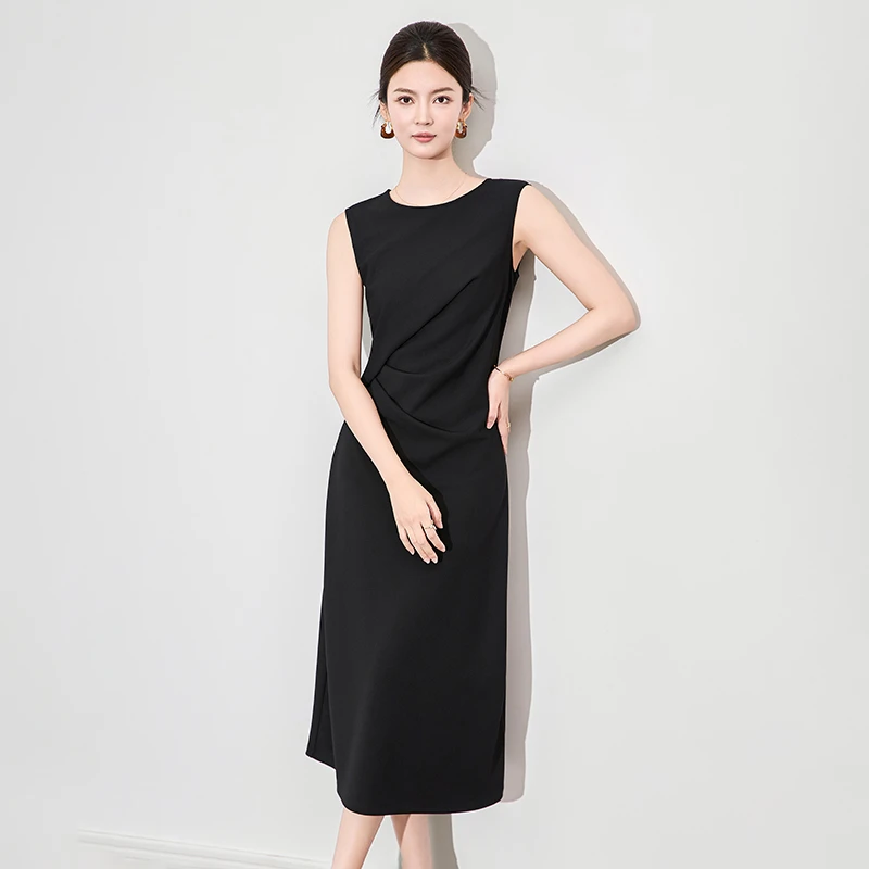 2504713-深圳南油高级感女人味气质扭褶收腰无袖极简风连衣裙女夏