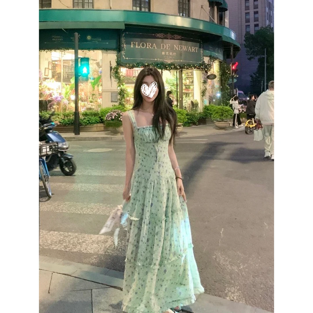 花野序曲 胸口抽绳蕾丝拼接吊带连衣裙