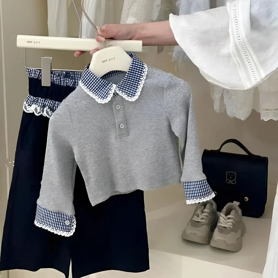 女童春秋套装2025新款韩版儿童洋气翻领短款卫衣蕾丝阔腿裤两件套