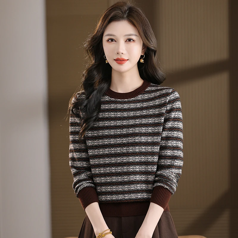 【羊毛衫】新款秋冬圆领女装长袖厚款宽松洋气显瘦条纹保暖打底