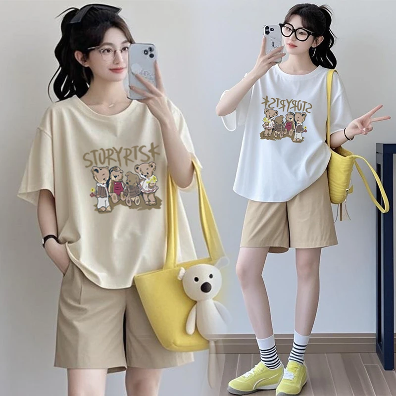 孕妇套装夏季两件套时尚小熊印花短袖宽松孕妇上衣+托腹短裤薄款