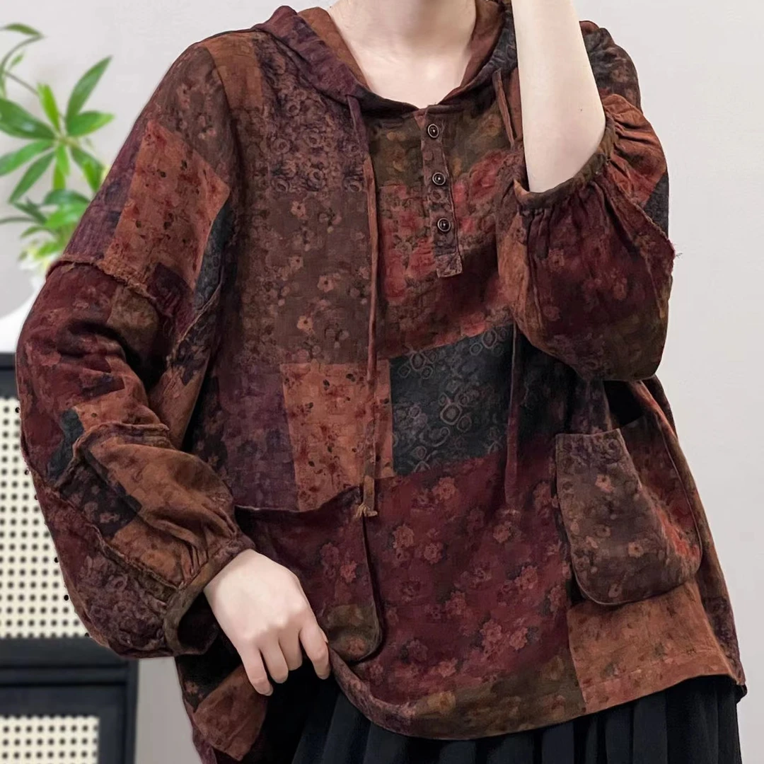 8764新款春季复古文艺气质减龄连帽卫衣