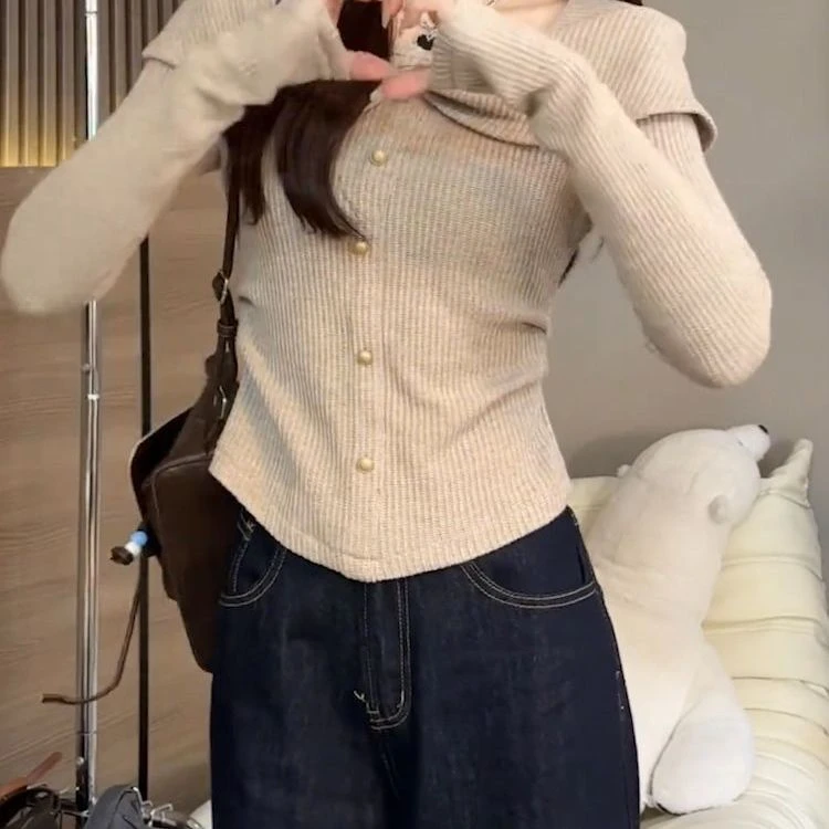 大码设计感小众褶皱荷叶边领长袖t恤女秋季新款修身显瘦洋气上衣