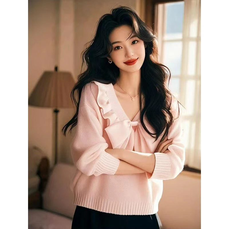 韩版蝴蝶结V领针织衫女2025年春季新款气质百搭长袖纯色毛衣上衣