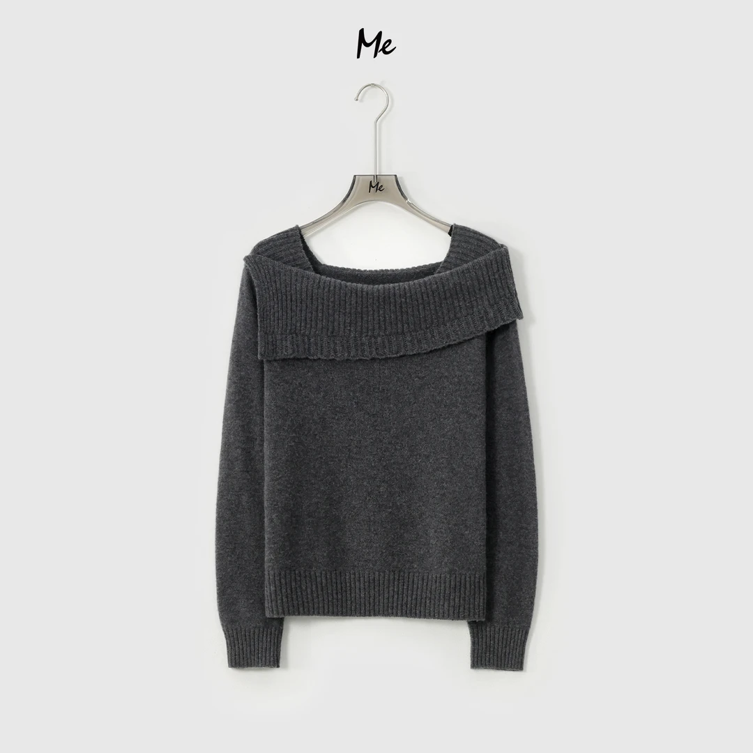 ME【香肩】100绵羊毛一字肩波浪边上衣女士百搭高级感毛衣MEQA2828