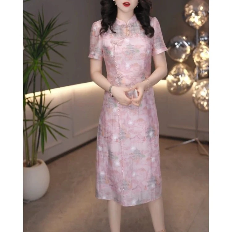 改良旗袍2025新款女夏季新中式国风年轻款连衣裙中年妈妈水墨A摆