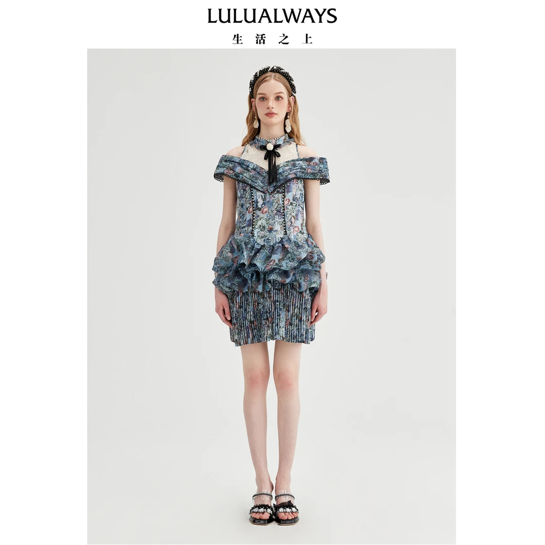 LULUALWAYS【商场同款】25夏季新款华丽重工立体一字肩收腰连衣裙