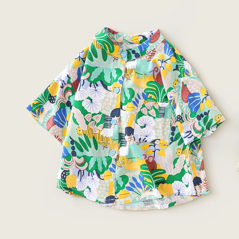 夏季家居服套装宽松男休闲风潮流透气上衣童装满印五分宝宝薄款