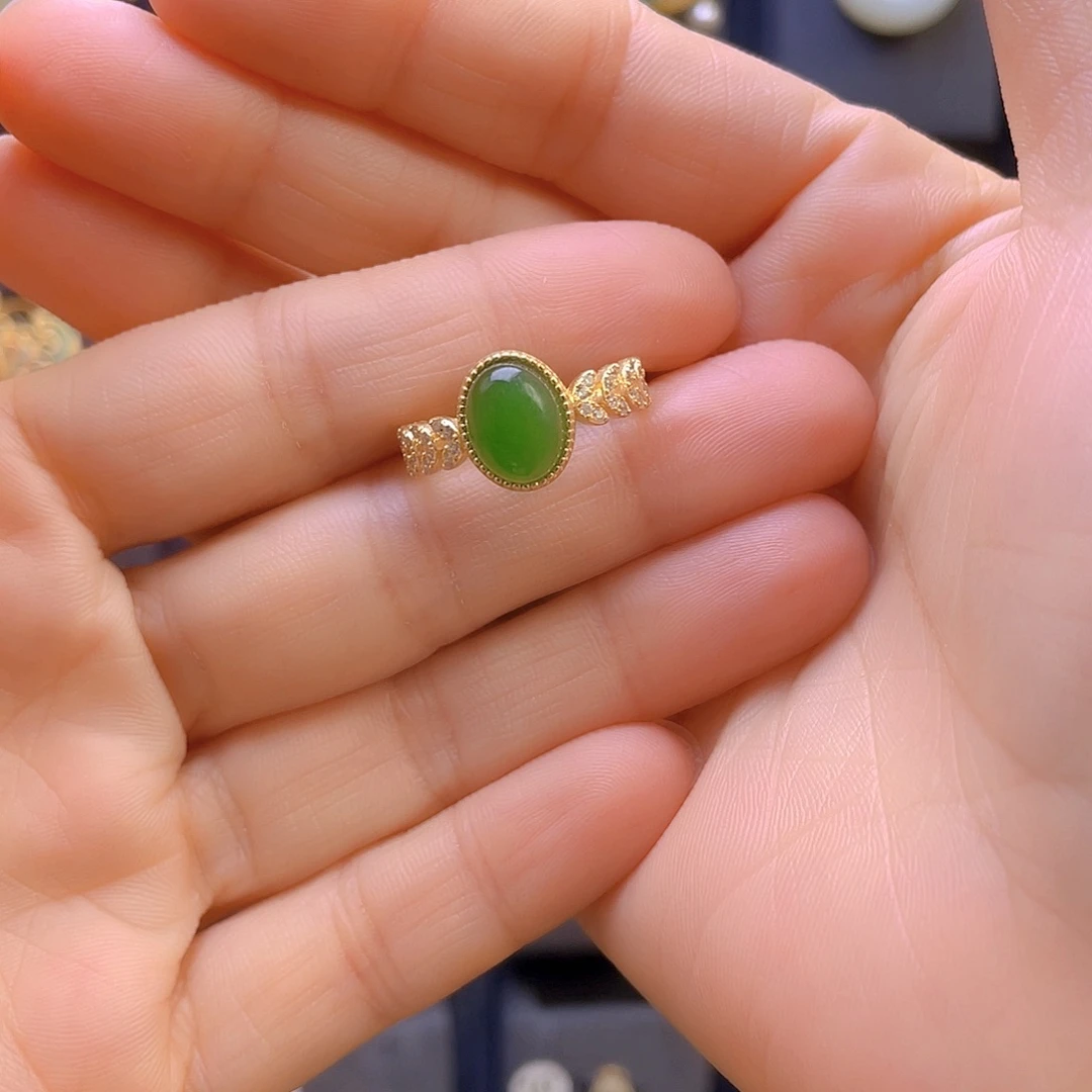 和田玉戒指银S925镀金镶嵌