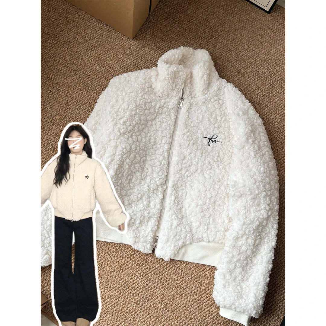 白色羊羔绒摇粒绒外套女秋冬季加绒加厚棉服初冬夹棉保暖上衣短款