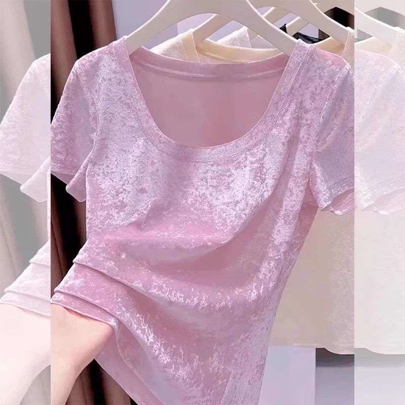 芯娇晴超好看粉色网纱正肩短袖T恤女装2025年新款多巴胺夏日上衣