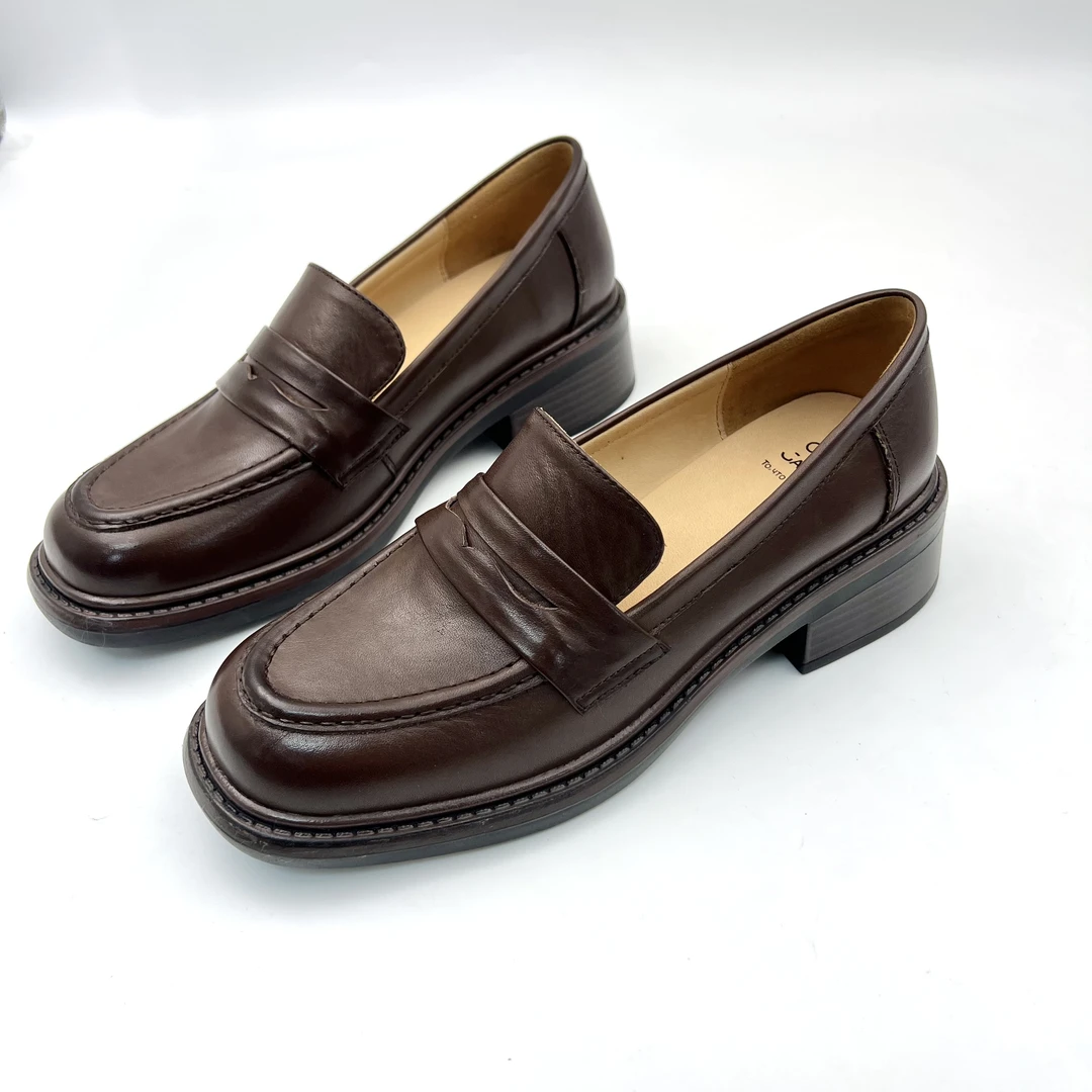 头层牛皮简约中跟4cm圆头乐福鞋软底软面里外植鞣全牛皮小皮鞋