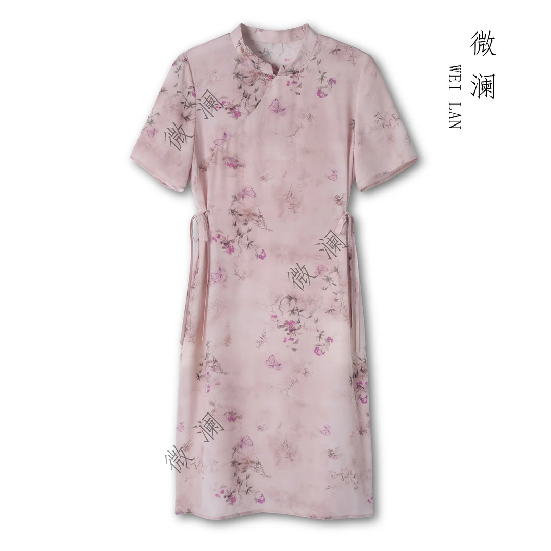 【绯枝】100桑蚕丝气质短袖薄款夏季时尚中长款女士旗袍JY5A026-1