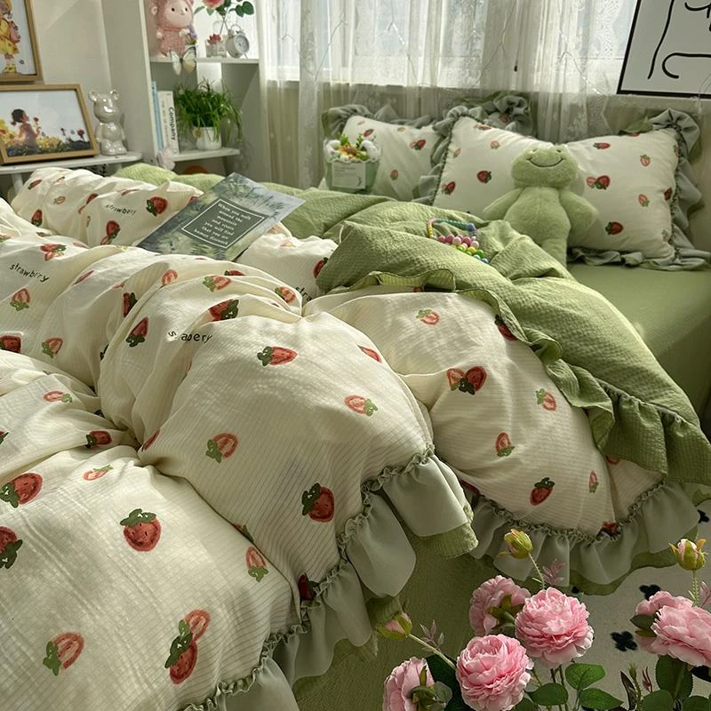 水星家纺适用法式轻奢奶油风床上四件套公主风非全棉纯棉蕾丝花边