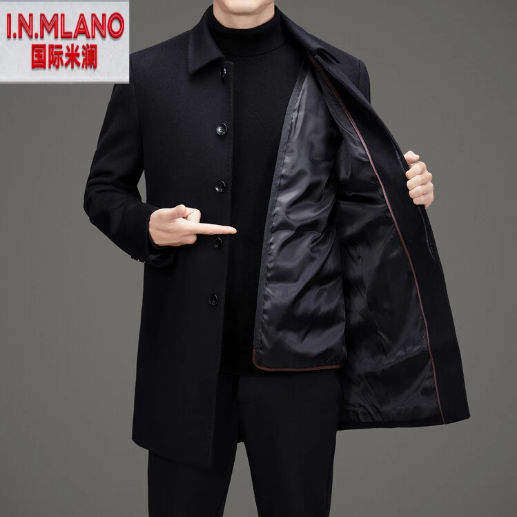 双面呢高档羊毛大衣外套男翻领中长款单排扣加厚内胆中年毛呢大衣