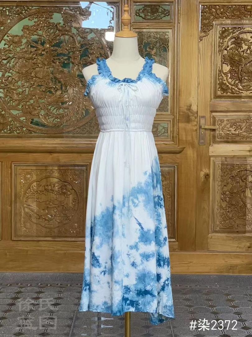 扎染夏季半袖吊带中腰拼接连衣裙中长款长裙女装气质百褶显瘦