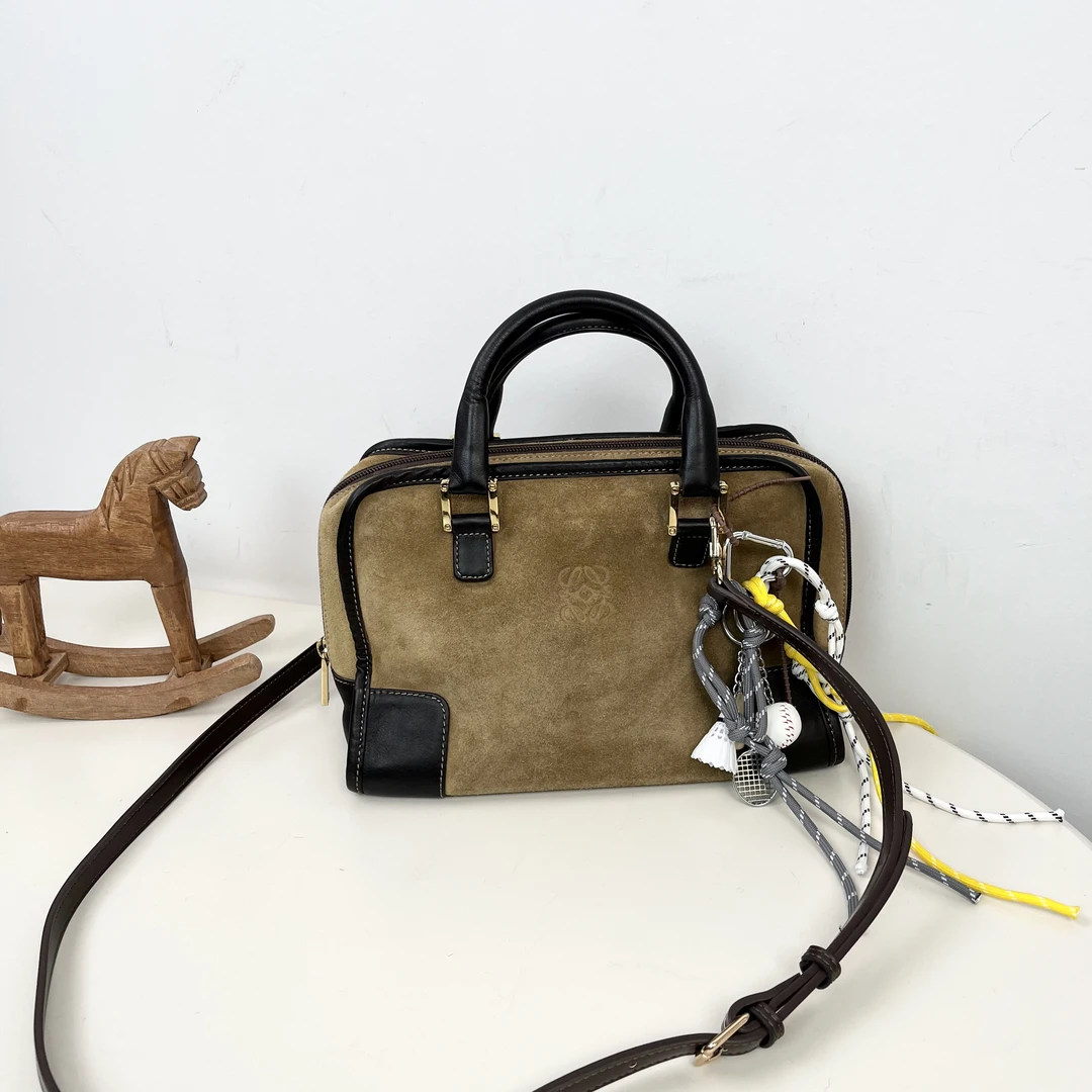 95新 LOEWE/罗意威 麂皮拼皮Amazona波士顿手提包