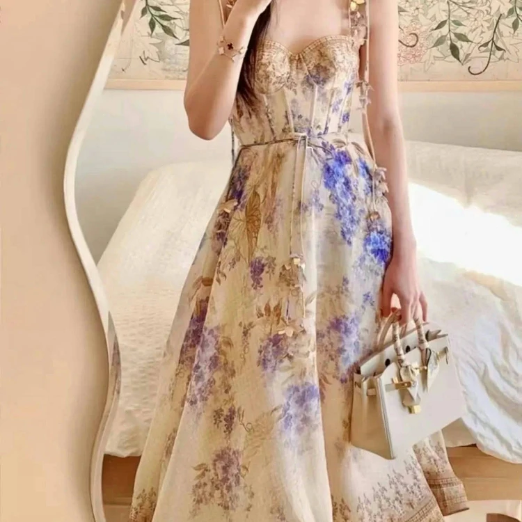 YOYOUNA孟子义同款（贵族公主）印花吊带鱼骨收腰仙女吊带连衣裙