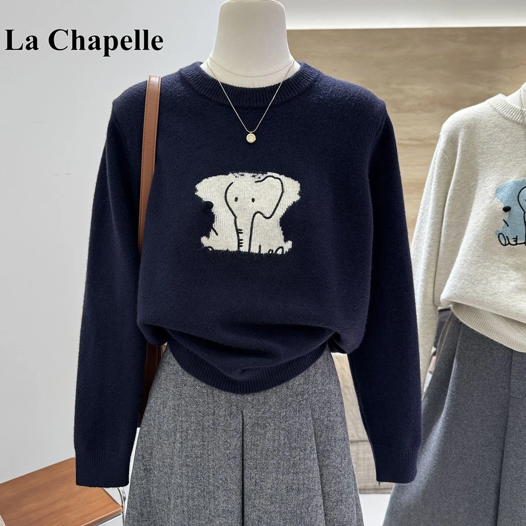 拉夏贝尔秋冬款韩系百搭卡通小熊软糯宽松显瘦圆领套头针织毛衣女