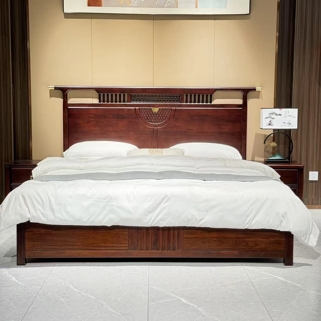 新中式乌金木全实木床家用主卧1.8米床新中式1.5米双人床婚床HT