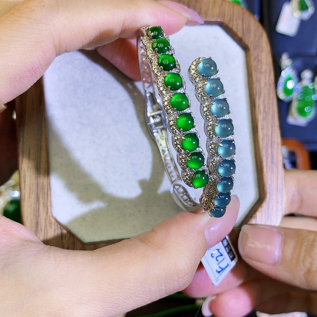 翡翠手镯银S925镶嵌天然翡翠手镯
