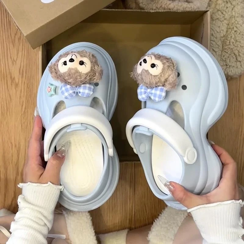 蓝色可爱达菲熊洞洞鞋女款夏季外穿厚底增高防滑包头沙滩凉鞋假日