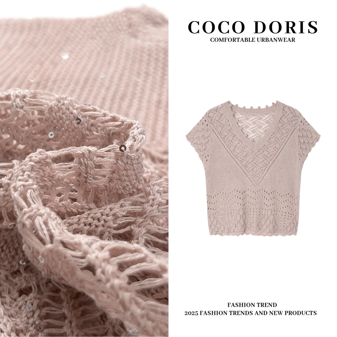 COCO DORIS 2025春夏新款V领珠片镂空钩花针织衫通勤百搭上衣8430
