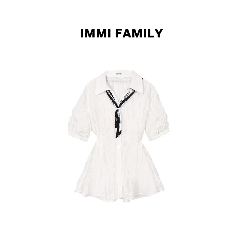 “白烟清雨”法式文艺风丝巾V领条纹气质收腰泡泡袖衬衫女设计感