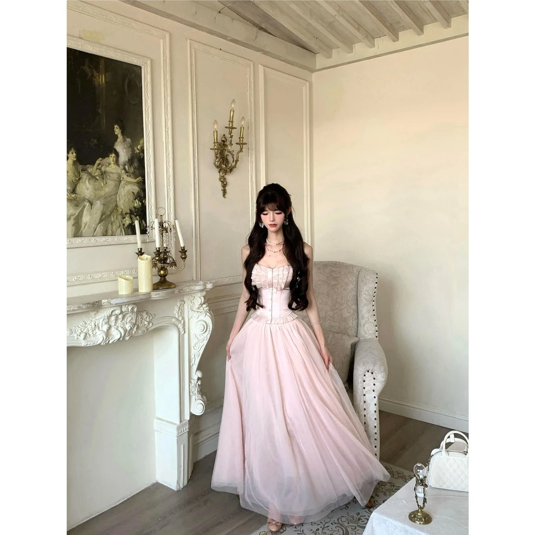 【小步舞曲】2025法式纯欲醋酸蕾丝鱼骨抹胸上衣配网纱半身裙套装女