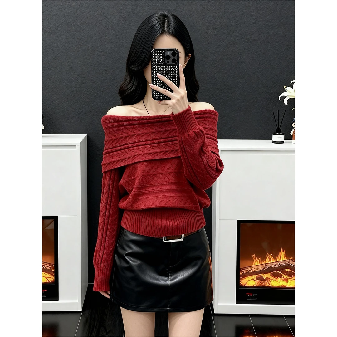 新年穿搭氛围感红色气质毛针织衫女小众别致肌理披肩设计长袖上衣