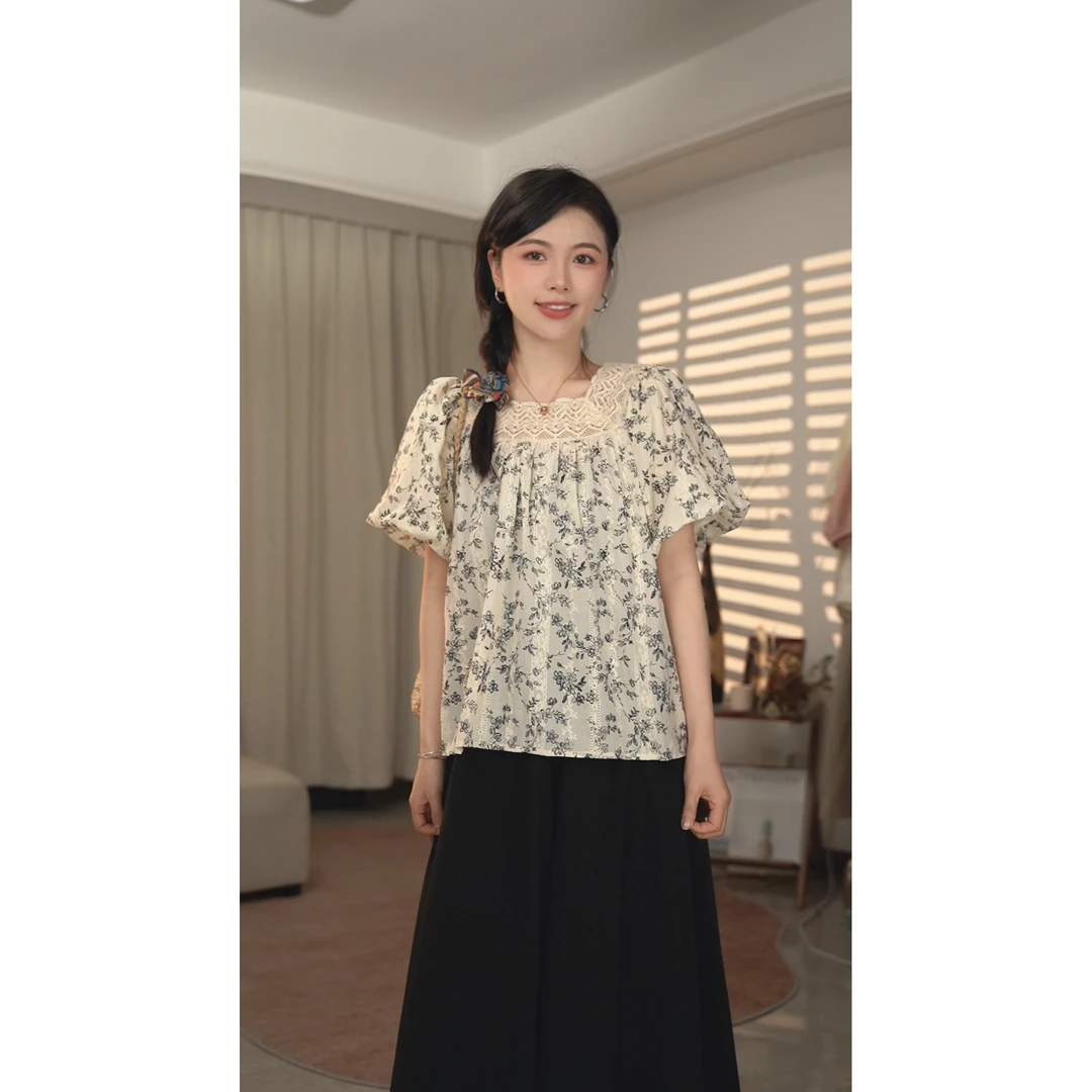 圆圆【梨花弄】 蕾丝碎花气质灯笼袖刺绣甜美法式宽松上衣 YY 8011