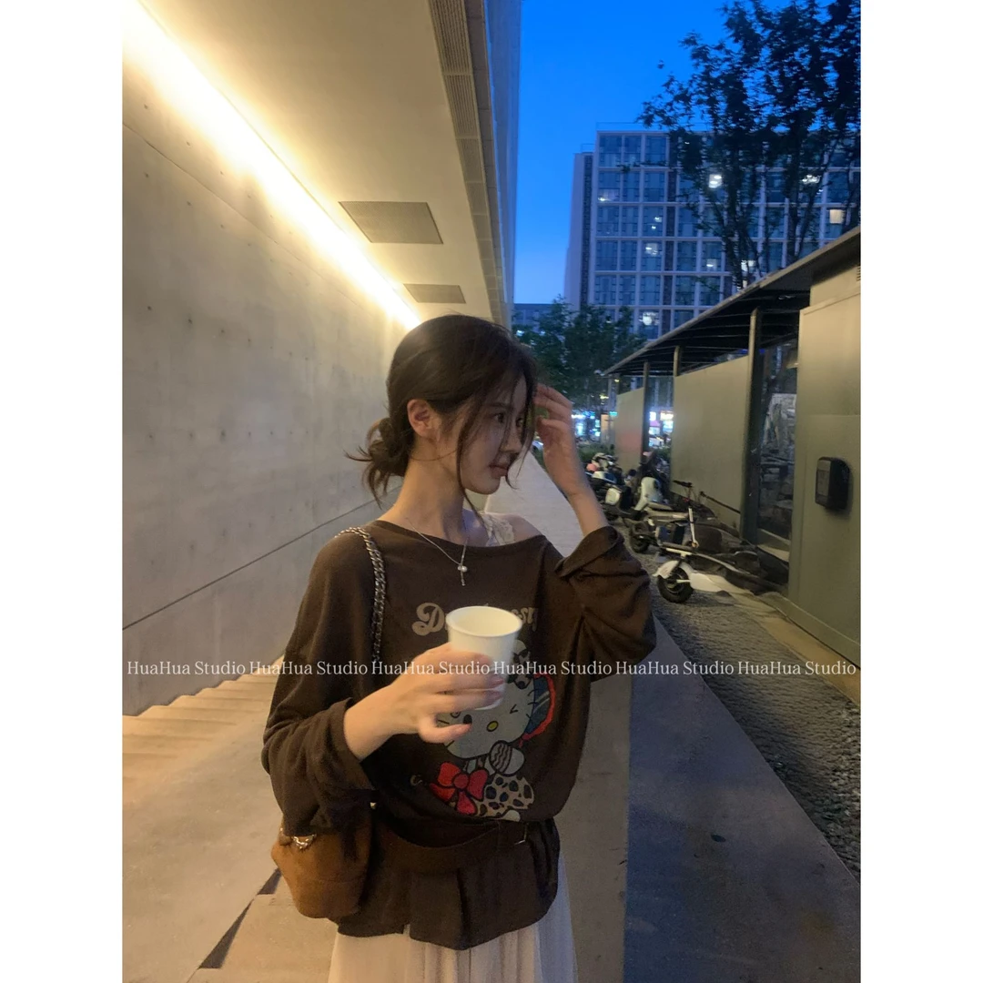 【花花】豹纹KT~韩国东大门卡通kitty印花斜肩长袖防晒T恤