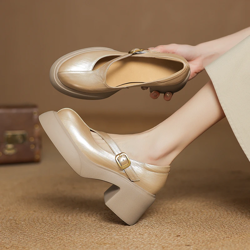 头层牛皮手工鞋/8CM粗跟真皮厚底尖头小皮鞋女增高松糕底单鞋M766