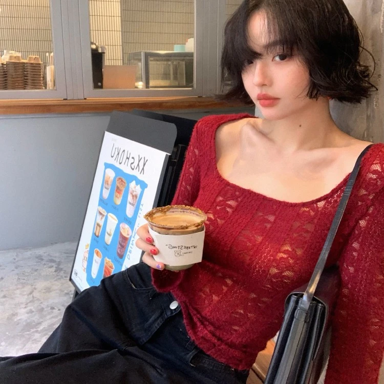 酒午自制 春季镂空微透性感针织衫上衣KLF3980